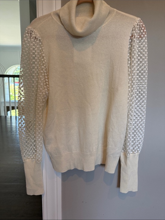 Marled Sweaters - Marled Cream Cowl-Neck Sweater with Sheer Checkered Sleeves